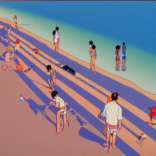 Image similar to a beautiful painting of a sunny day at the beach by hiroshi nagai and hirohiko araki, detailed line art