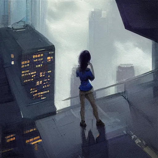 Prompt: “ a girl standing on a ledge looking down at a futuristic new york city below, storm clouds, digital art, sketches by craig mullins ”