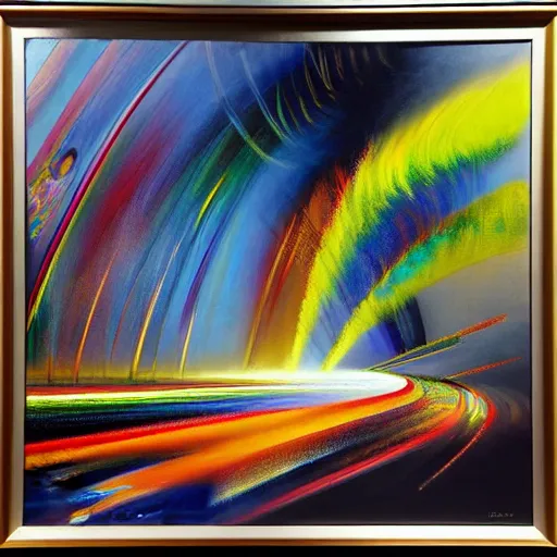 Image similar to abstract art representing momentum, oil painting by john berkey and gabriel dawe, masterwork