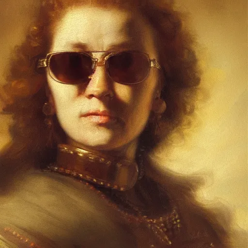 Prompt: high quality character portrait oil painting of a badass assassin woman wearing sunglasses by Rembrandt, middle close up shot