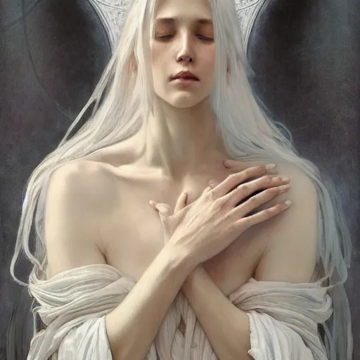 Image similar to portrait of a beautiful ethereal delicate roman catholic bishopress meditative sacral pose catholic stages of the cross, white hair, intricate, elegant, highly detailed, digital painting, artstation, concept art, smooth, sharp focus, illustration, art by krenz cushart and artem demura and alphonse mucha