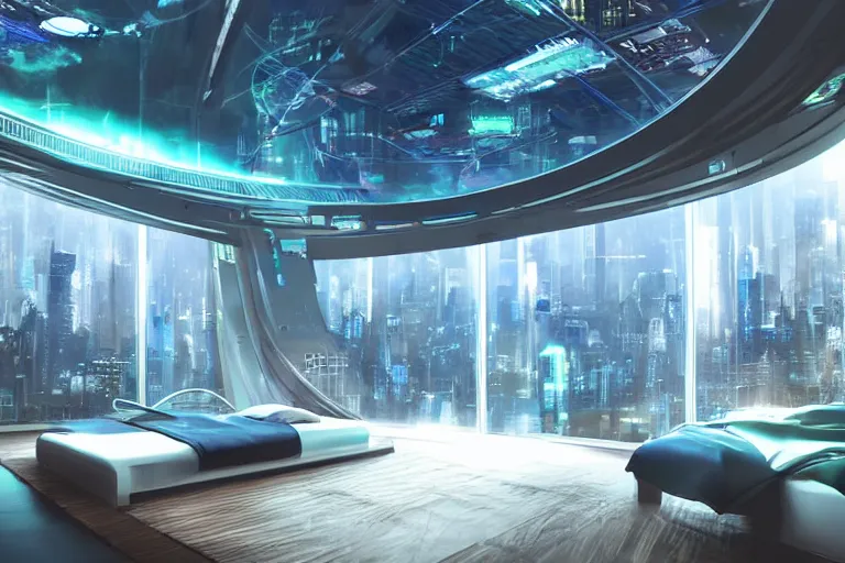 Prompt: a futuristic bedroom with large curved ceiling high windows looking out to a far future cyberpunk cityscape, cyberpunk neon lights, raining heavily with electric storm, scifi