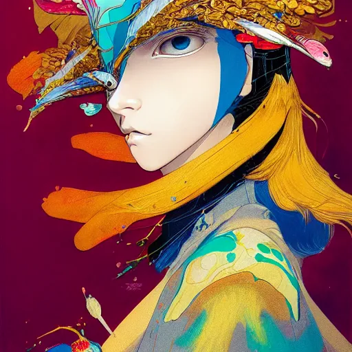 Image similar to prompt : colorful bird, golden crown, soft light painted by james jean and katsuhiro otomo and erik jones, inspired by akira anime, smooth face feature, intricate oil painting, high detail illustration, sharp high detail, manga and anime 1 9 9 9