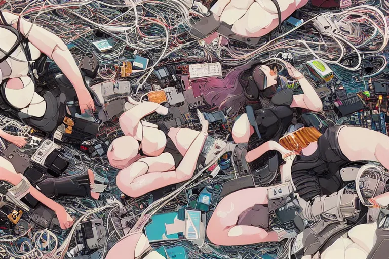 Image similar to a refined cyberpunk illustration of a group of female androids' lying on the floor with their body parts scattered around and cables and wires coming out, by katsuhiro otomo and masamune shirow, hyper-detailed, colorful, view from above, wide angle, close up, white background