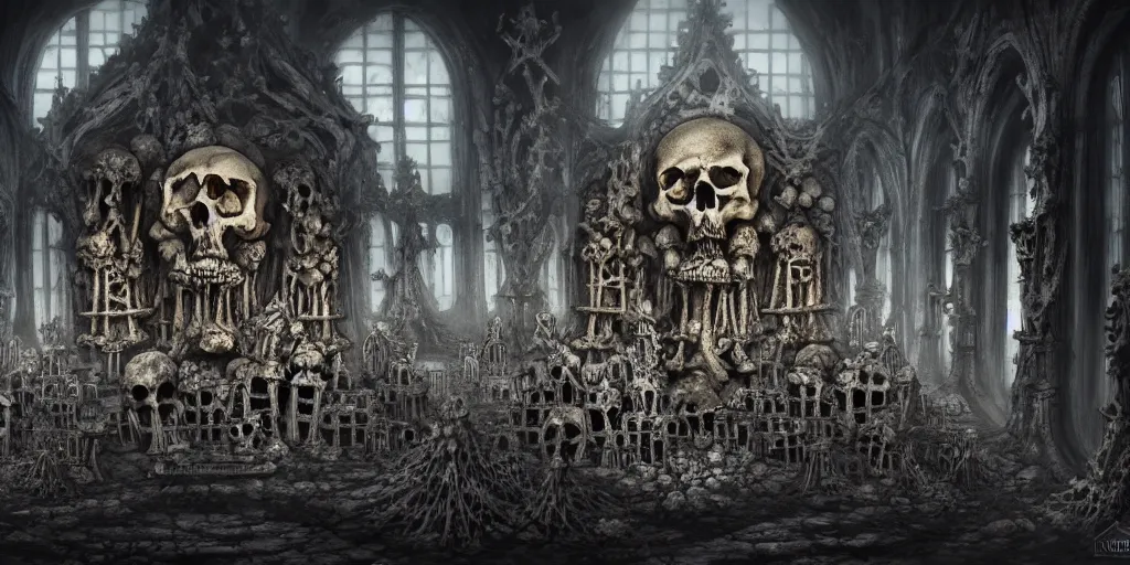 Prompt: low ultrawide interior shot of sedlec ossuary, covered in bones, smooth concept art in anime style mixed with full color fujifilm, dark, foggy, misty, atmospheric, trending on artstation, cgsociety, oil on canvas, denoise, cinematic masterpiece