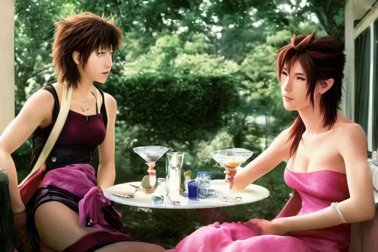 Image similar to makoto kusanagi and aerith gainsbourgh share drinks on the veranda, photographed by annie liebovitz