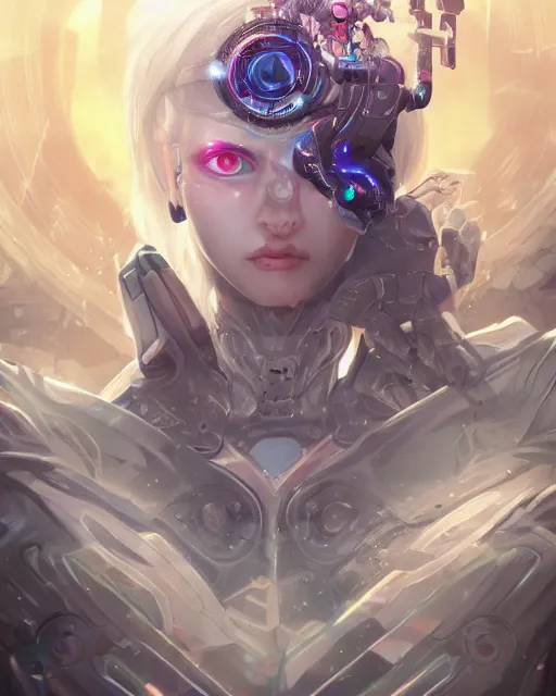 Image similar to holy cyborg necromancer girl, elegant, scifi, futuristic, utopia, garden, atmosphere, white hair, blue eyes, extreme detail, glow, intricate, full of colour, cinematic lighting, trending on artstation, detailed, 4 k, art by yuhong ding and chengwei pan and serafleur and ina wong