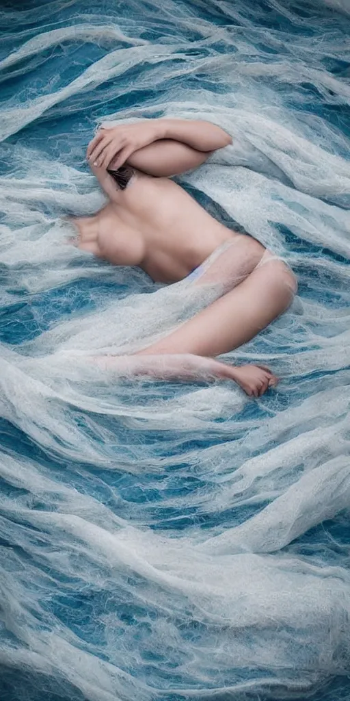 Image similar to a figure of an attractive beautiful female human body floating among the waves, hidden behind torn cloth swirling violently