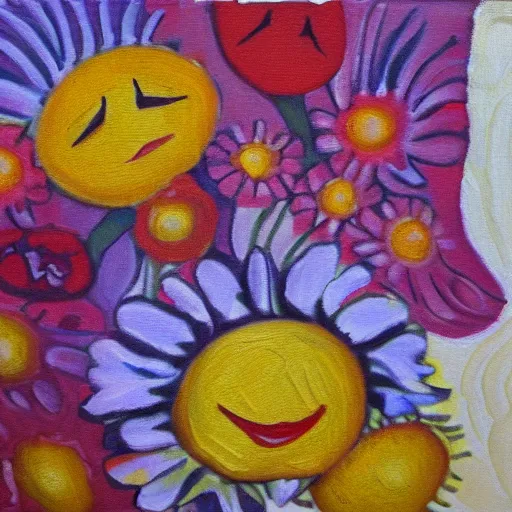 Prompt: flowers with faces sleeping on pillows, oil on canvas