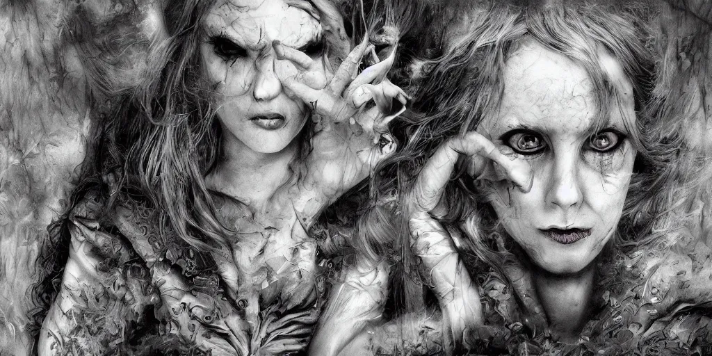 Image similar to alice in wonderland dark with evil under tones ,digital art, high detail, hyper realistic,