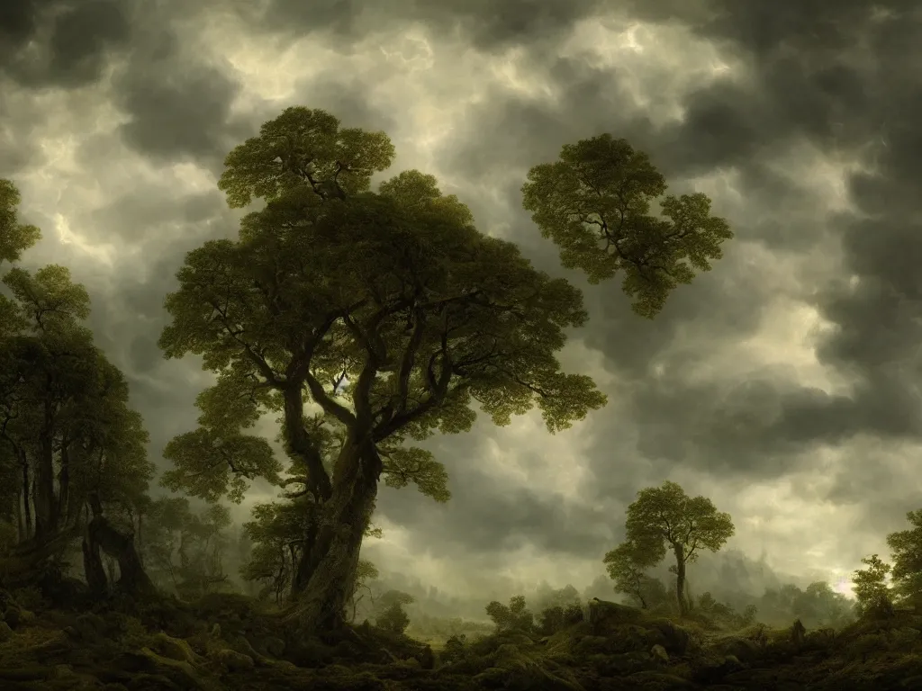 Image similar to detailed landscape, forests. very detailed dark super storm, hyper realistic clouds, impressive, magical, very atmospheric, smoke boiling, cinematic, deep, very high complexity, stunning, masterpiece, chiaroscuro, in the style of caspar david friedrich, very detailed. 4 k