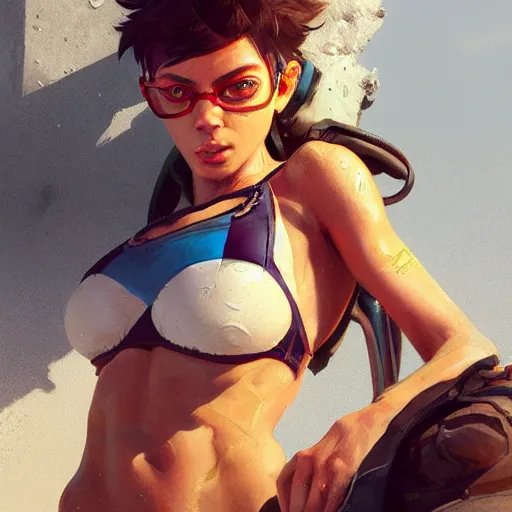 Image similar to portait of tracer in a bikini, hyperdetailed, intricate, very beautiful face, pretty face, by greg rutkowski, wlop, unreal engine 5, trending on artstation