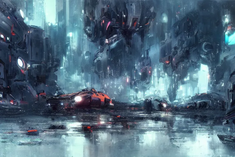 Prompt: scifi landscape dark crowded people vehicle spaceship overcast rainstorm by wadim kashin