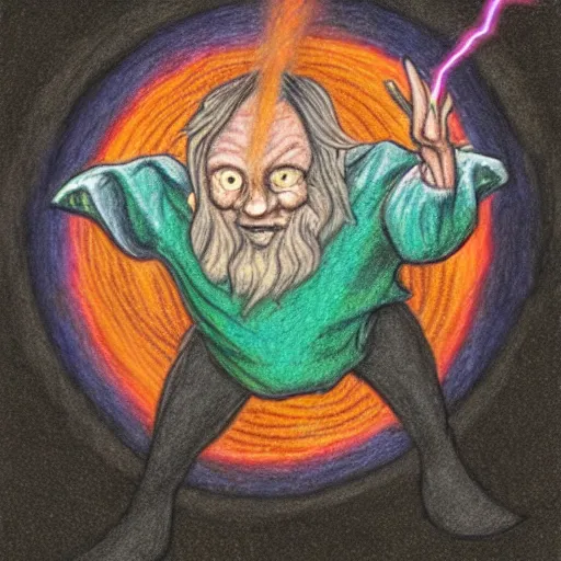 Prompt: Colored Pencil Drawing of a Panicked Terrified Wizard Levitating Through a Dim Cavern and Firing Bright Orbs and Beams of Magic from His Wand