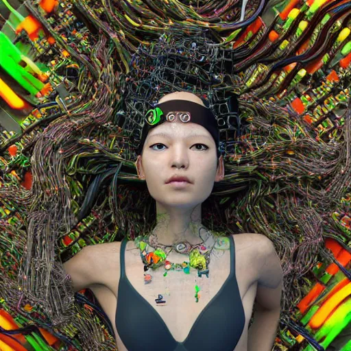 Image similar to swimming deeper into the multiverse, piles of modular synth cables mixed with mangrove roots, kawaii puerto rican goddess chilling out wearing a headpiece made of circuit boards, by cameron gray, wlop, stanley kubrick, masamune, hideki anno, jamie hewlett, unique perspective, trending on artstation, 3 d render, vivid