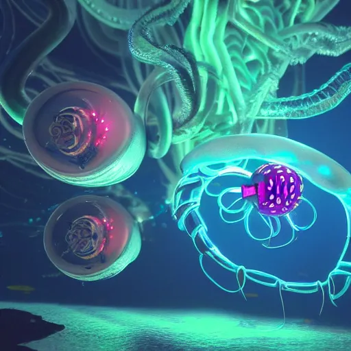 Prompt: cyberpunk jellyfish, with neon Bioluminescence, in deep ocean, above a coral reef, cinematic lighting, ultra detail, photo realistic, octane render