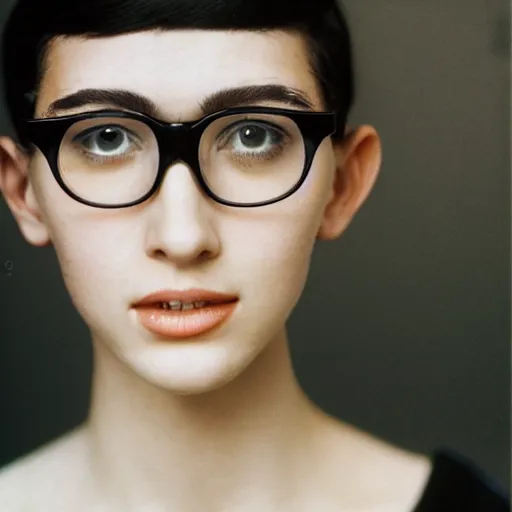 Prompt: a portrait photograph of a nerdy young woman with big glasses and a black dress, dof, sharp focus, slight smile, highly detailed face, symmetric face, realistic iris, cinestill 8 0 0 t, photography by paolo roversi