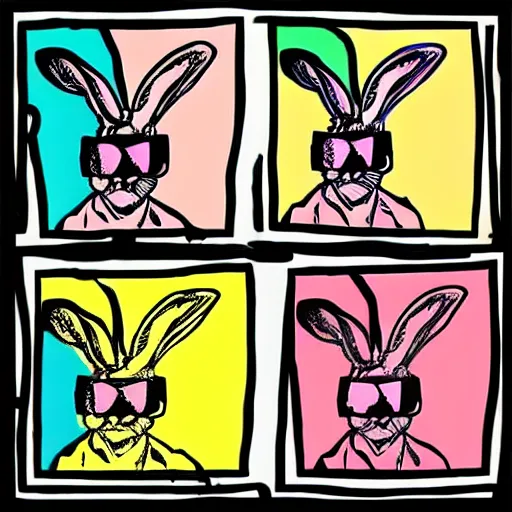 Image similar to a rabbit wearing a vr hmd in the style of andy warhol