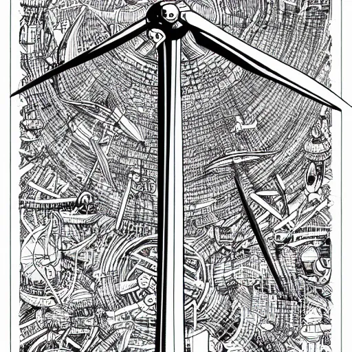 Prompt: hyper detailed comic illustration of a wind turbine blueprint, black ball pen on white paper, by Josan Gonzalez and Geof Darrow, intricate details