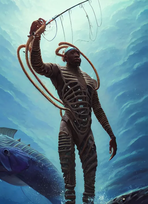 Image similar to portrait of a jamaican fisherman sci - fi fishing armor muscular cyberpunk dreadlocks intricate elegant highly detailed digital painting artstation concept art, ocean splashing background, greg rutkowski, loish, rhads, ferdinand knab, makoto shinkai and lois van baarle, ilya kuvshinov, rossdraws, tom bagshaw