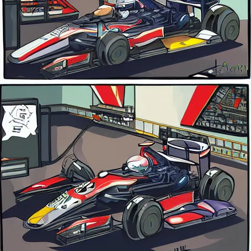 Image similar to formula one mechanic works on car, comic, wide shot, marvel style by patrick brown