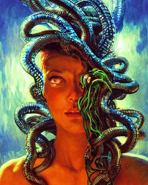 Image similar to day time, a cyberpunk close up portrait of cyborg medusa, electricity, snakes in hair, sparks, bokeh, soft focus, skin tones, warm, sky blue, daylight, by monet, paul lehr, jesper ejsing