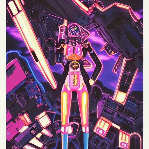 Image similar to 80s sci-fi retro anime, black and blue pink, mechanic black cat, robots, dieselpunk, intricate details, bionic, neon Genesis evangelion, weird, pearls, nuclear explosion, highly detailed, digital art, 8k