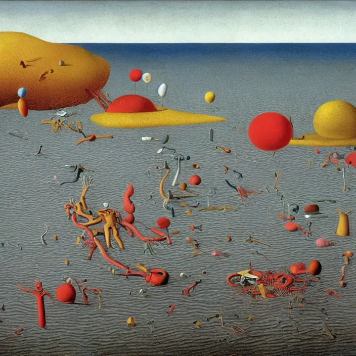 Image similar to the first color getting out of the primordial ocean to walk on land. codex seraphinianus. painting by yves tanguy, jan van eyck, moebius, walton ford, rene magritte