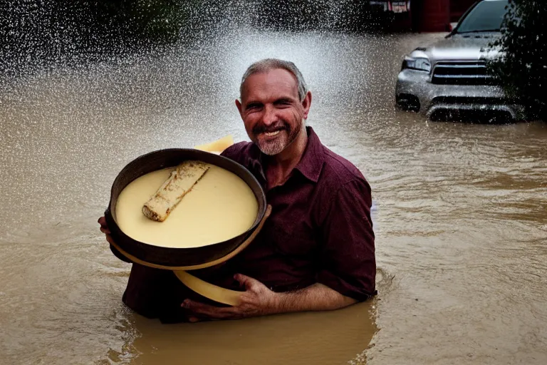 Image similar to closeup portrait of a man carrying a wheel of cheese over his head in a flood in Adelaide in South Australia, photograph, natural light, sharp, detailed face, magazine, press, photo, Steve McCurry, David Lazar, Canon, Nikon, focus