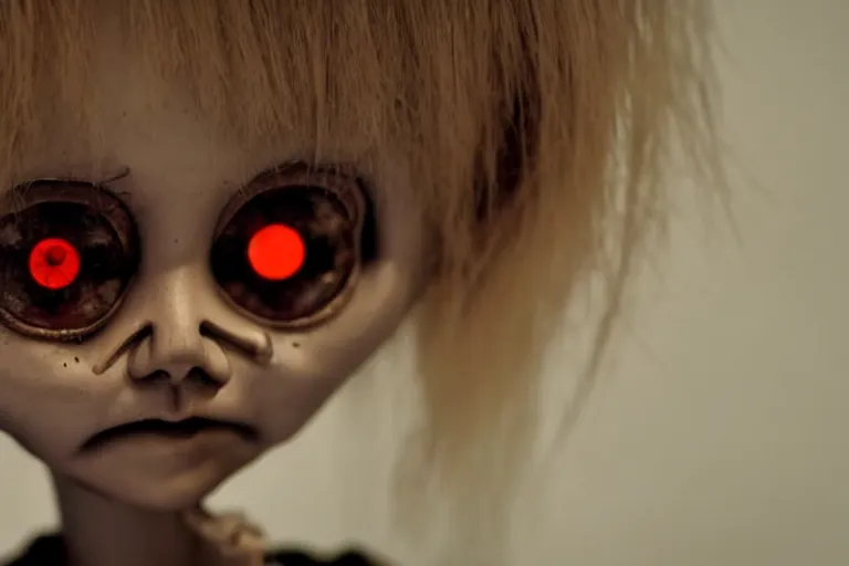 Prompt: a creepy doll with very human eyes staring out at the viewer, horror movie