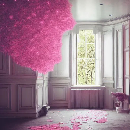 Prompt: a pink garden universe captured in a room with lights and clouds and mirrors photorealistic ultra detailed 8 k, digital painting, unreal engine, 3 d render
