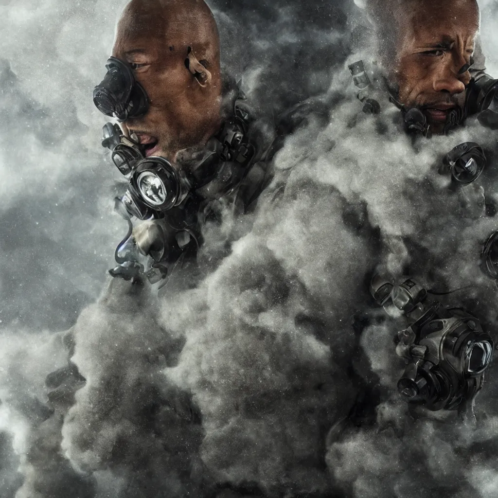 Prompt: dwayne johnson, wearing a gas mask and arctic clothing, vaping thick clouds through the mask, close - up, hyper detailed 3 d matte painting, federico pela + greg rutkowski, hyper detailed 3 d render by unreal engine