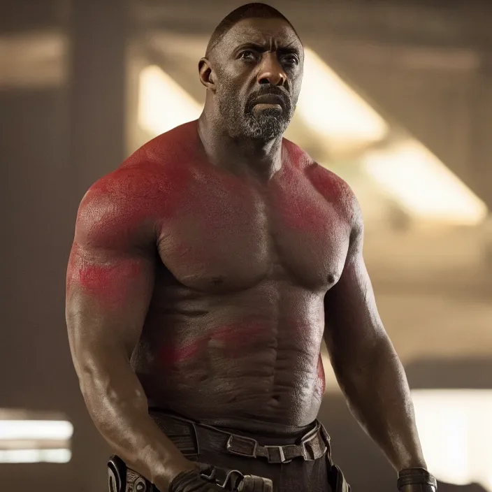 Prompt: film still of Idris Elba as Drax in new Guardians of the Galaxy film, photorealistic 4k