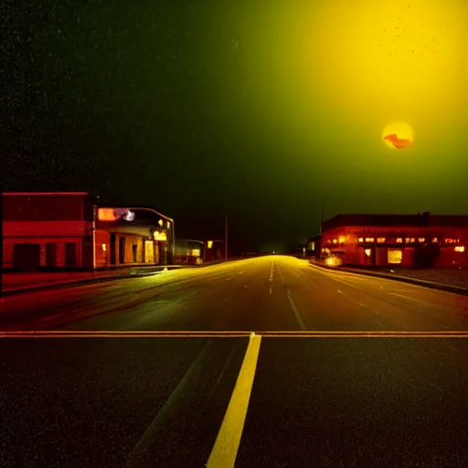 Image similar to A stunningly beautiful award-winning 8K high angle cinematic movie photograph of a spooky foggy empty lightless moonlit main intersection in an abandoned 1950s small town at night, by David Fincher and Darius Khonji, perfect composition, from roofline, moody low key backlit. Color palette from Seven, greens yellows and reds. 2 point perspective, high angle from 15 feet off the ground. Octane render