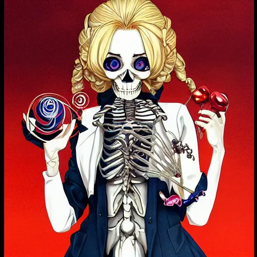 Image similar to anime manga skull portrait young woman holding balloon, skeleton, intricate, elegant, highly detailed, painting by jc leyendecker and sachin teng