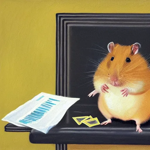 Image similar to a oil painting of a hamster trying to do his tax and is very stressed out