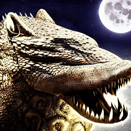Prompt: Furred crocodile with a wolve's head, concept art, illuminated by full moon, professional photoshop artwork, highly detailed, single subject