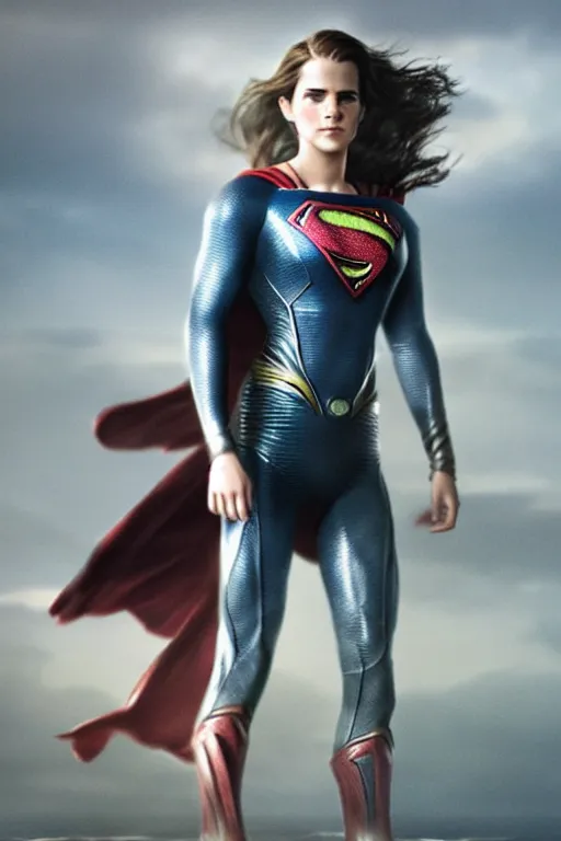 Image similar to a fancy close up of Man of Steel cast as Emma Watson by Greg Rutkowski, full body shot