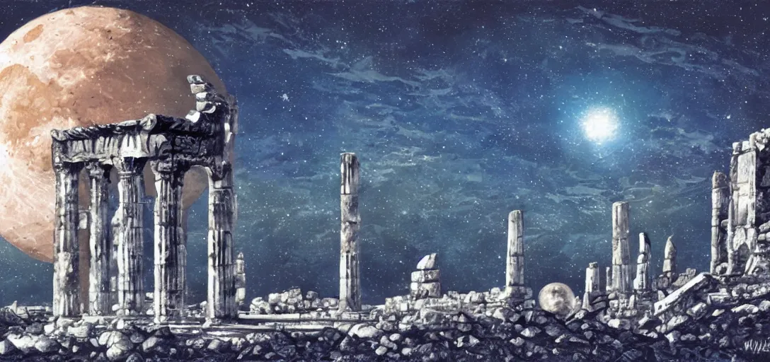 Image similar to The ruins of the Silver Millennium on the moon from Sailor Moon, digital painting, Earth in the distance, Greek-esque columns and ruins