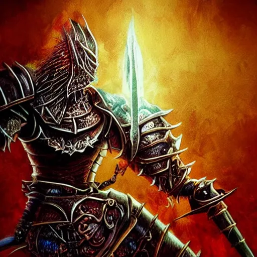 Image similar to three - ply portrait the great death knight dark souls in golden red armor made of polished dragon bones looks relaxed, quantum physics, victorian era