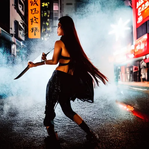 Prompt: photo portrait of a beautiful girl in hongkong action movie holding a sword backlit smoky raining street kawloon