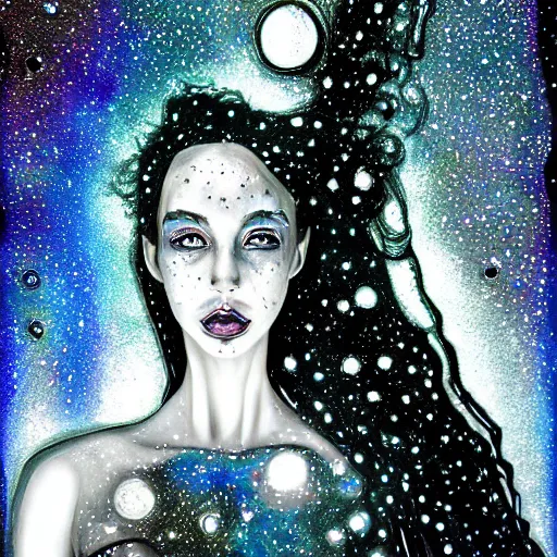 Image similar to woman portrait made out of galaxies, beautiful, cyborg, tim burton comic book art, realistic, highly detailed