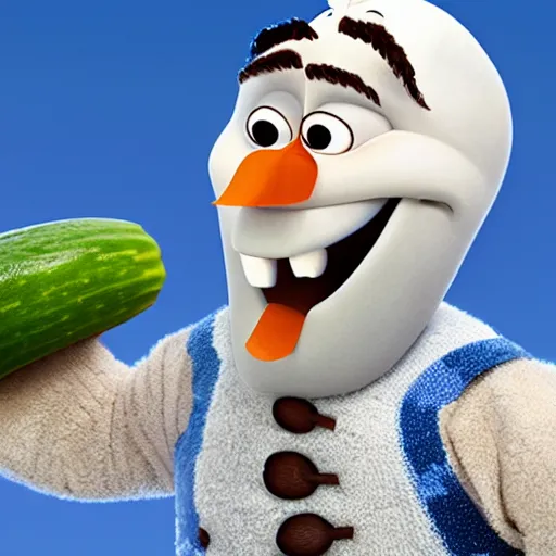 Prompt: olaf from frozen with a cucumber as a nose disney pixar animated