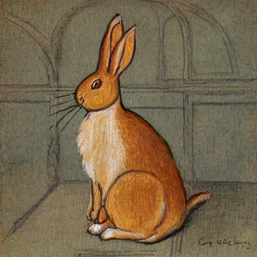 Image similar to a rabbit sitting on a chessboard, in the style of carl larsson