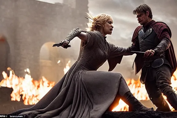 Image similar to very very intricate photorealistic photo of jaime lannister defeating cersei, photo is in focus with detailed atmospheric lighting, award - winning details