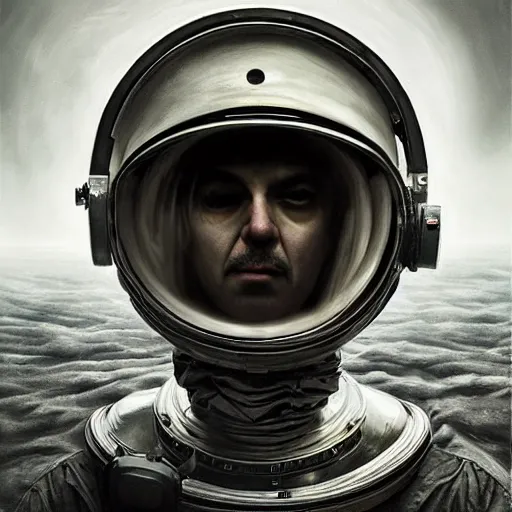 Prompt: michal karcz and tim burton dark surrealism painting of an astronaut., detailed, elegant, intricate, 4 k, renaissance painting