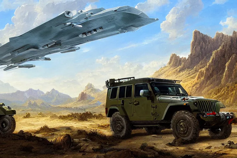 Image similar to a well designed military vehicle designed by boeing and lamborghini and jeep, military design, mountains in the distance, day, blue sky, spring season, painting by asher brown durand and star wars movie, ultra mega detailed, beautiful realistic photo, professional photography, perfect