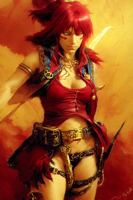 Image similar to female pirate captain in a red pirate outfit with a red pirate hair lying on a pile of gold coins anime portrait dnd, painting by gaston bussiere, craig mullins, greg rutkowski, yoji shinkawa