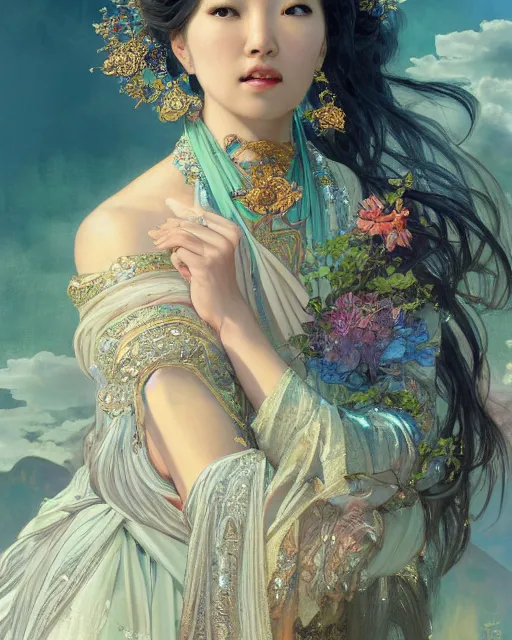 Image similar to a beautiful intricate exquisite imaginative exciting northern close up portrait of an asian sorceress sitting with elegant looks, flowing robe, ornate and flowing, intricate and soft by ruan jia, tom bagshaw, alphonse mucha, krenz cushart, beautiful chinese architectural ruins in the background, epic sky, vray render, artstation, deviantart, pinterest, 5 0 0 px models