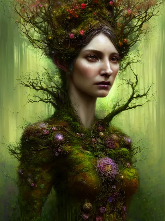 Prompt: Full View Portrait Mystical ethereal Forest deity wearing beautiful dress, vines tree bark moss Dryad made of forest beautiful dress, 4k digital masterpiece by Craig Mullins and Ruan Jia and Tom bagshaw, Alberto Seveso, fantasycore, Hyperdetailed, realistic oil on linen, soft lighting, kush background, featured on Artstation, textured, stylized, intricate details